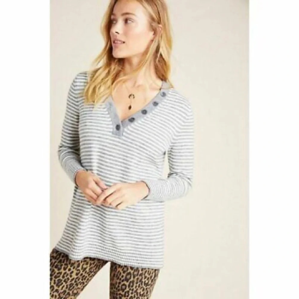 by Anthropologie Grey Stripe Serena Soft Knit Button V Neck Sweater XS